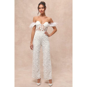 Lulus Midnight Sparkle White Mesh Embroidered Feather Bustier Jumpsuit - Size XS